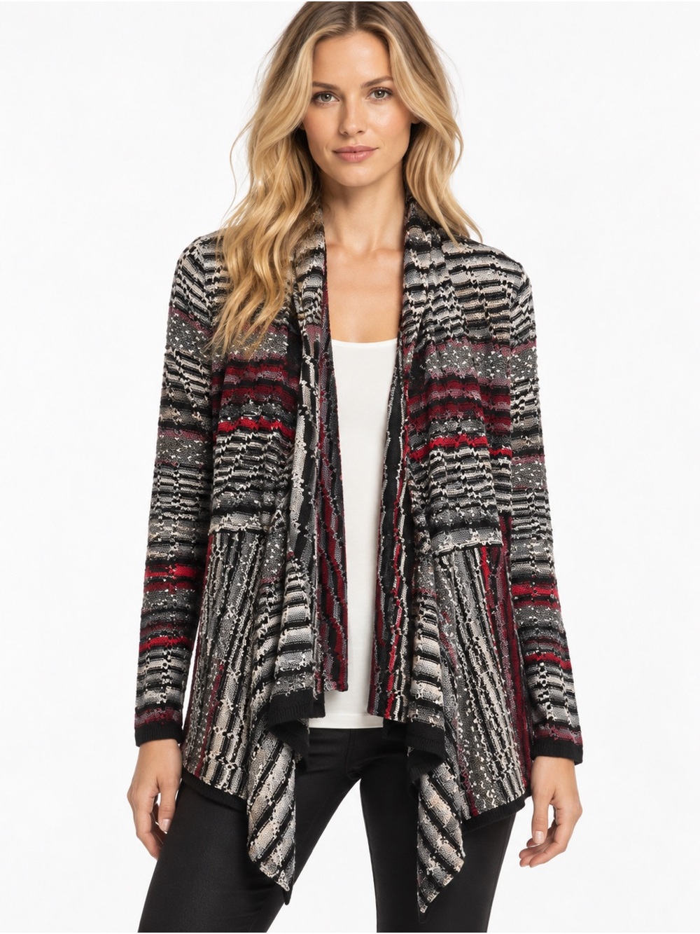 NIC+ZOE Stripe Linen Blend Open Front Cardigan L Black Red Draped Sweater